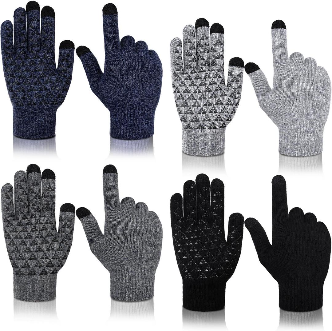 SATINIOR 4 Pairs Winter Warm Gloves Knit Touchscreen Anti Slip Silicone Mittens with Gripper Dots for Women Men Cold Weather (Hemp Black, Deep Hemp Grey, Light Hemp Grey and Navy Blue)