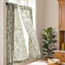 jinchan Small Window Curtains 36 Inch Linen Floral Curtain Set for Kitchen Bathroom Cafe Curtains Light Filtering Window Treatment Farmhouse Cottagecore Back Tab Drapes 2 Panels Green on Beige
