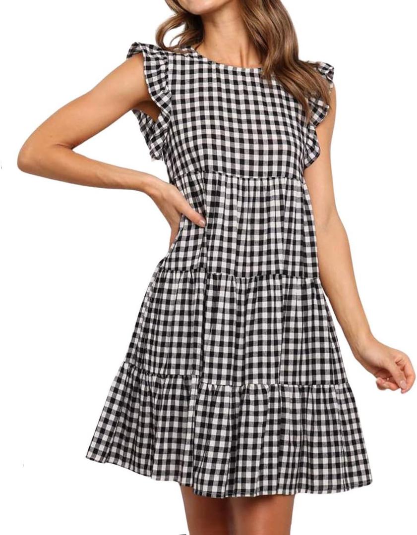 chouyatou Women's Summer Ruffle Puff Sleeve Babydoll Dress Cute Gingham Plaid Printed Tiered Midi Dress (Black, S)