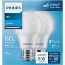 Philips LED 60W A19 2-Pack Basic Daylight (5000K) 800 Lumen (9W = 60W) Frosted Flicker-Free Light Bulbs