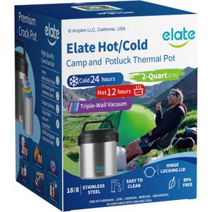 Elate 2-Quart Thermos Food Jar for Hot Food | 64oz Stainless Steel Vacuum-Insulated Camp Crock, Wide-Mouth Thermal Food Container, Portable Lunch Pot for Outdoor, Camping, Picnics, Trips, Potlucks (Black)