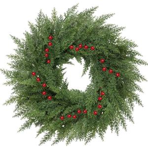 Lush Christmas Wreaths for Front Door with Red Berries Christmas Decorations 24 inch Real Touch Faux Cedar Wreath Large Winter Green Wreaths for Windows Outdoor Indoor Walls Home Xmas Holiday Decor