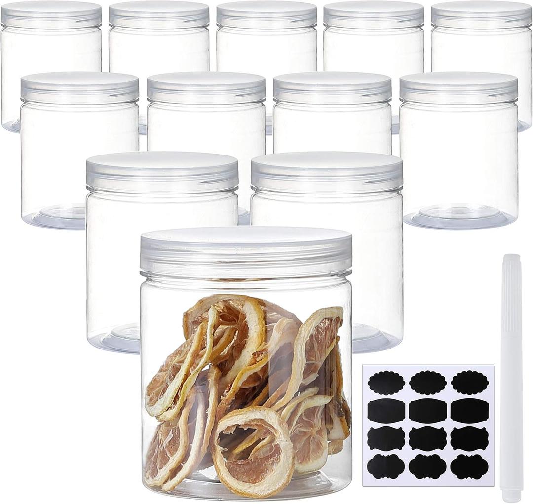 16 OZ Plastic Jars with Lids, 12 Pack Clear Plastic Slime Containers for Kitchen and Household Food Storage of Dry Goods, Creams and More, Included Extra Label and A Pen