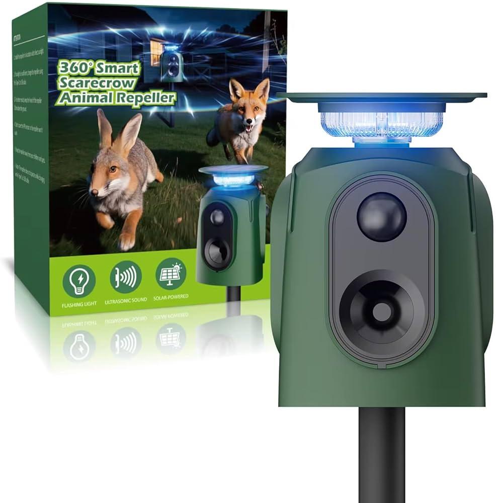 2025 Upgraded Solar Ultrasonic Animal Repeller, 360° Motion Detection with Top LED Flashing Light, Waterproof Design for Outdoor Garden, Farm, Yard Protection Against Deer, Cats, Dogs, Raccoons