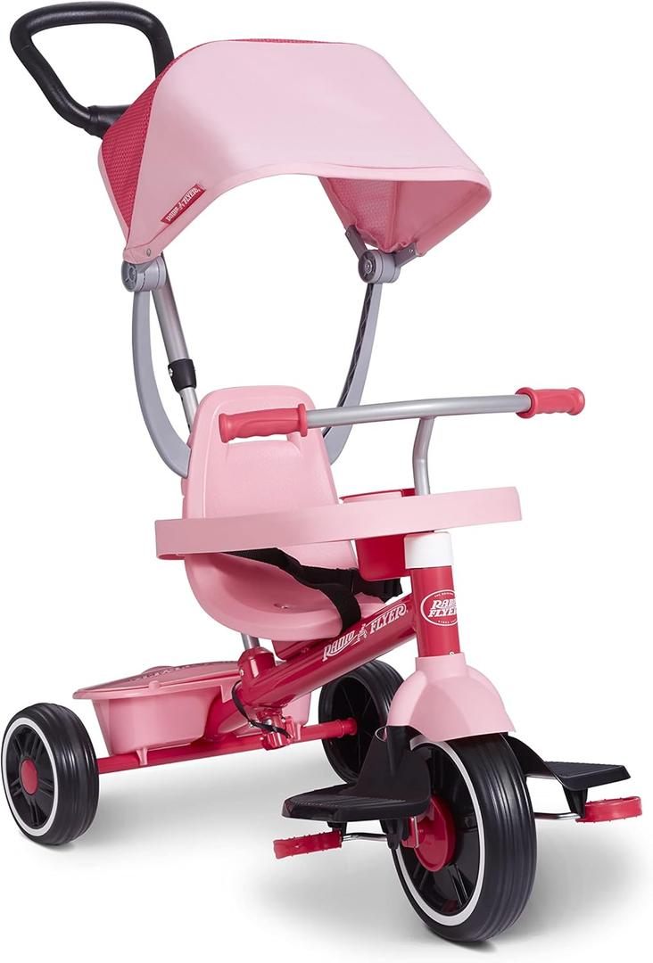 Radio Flyer Pedal & Push 4-in-1 Stroll 'N Trike, Pink Tricycle, Tricycle for Toddlers Age 1-5, Toddler Bike 