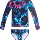 Kanu Surf Girls' Long Sleeve Rashguard UPF 50+ Two Piece Swim Set (12, Hurricane Black/Pink)