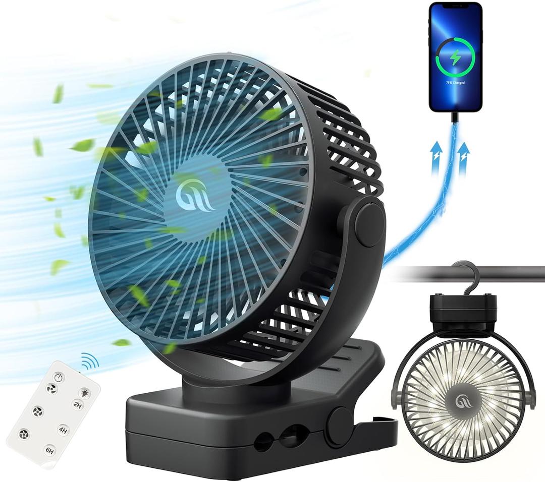 Portable Fan with Remote Control & Timer & LED Lights, 60hrs 12000mAh USB Rechargeable BatteryClamp/Hanging/Stand Up, Small Clip on Fan for Baby Stroller, Bed, Desk, Camping Tent, Travel