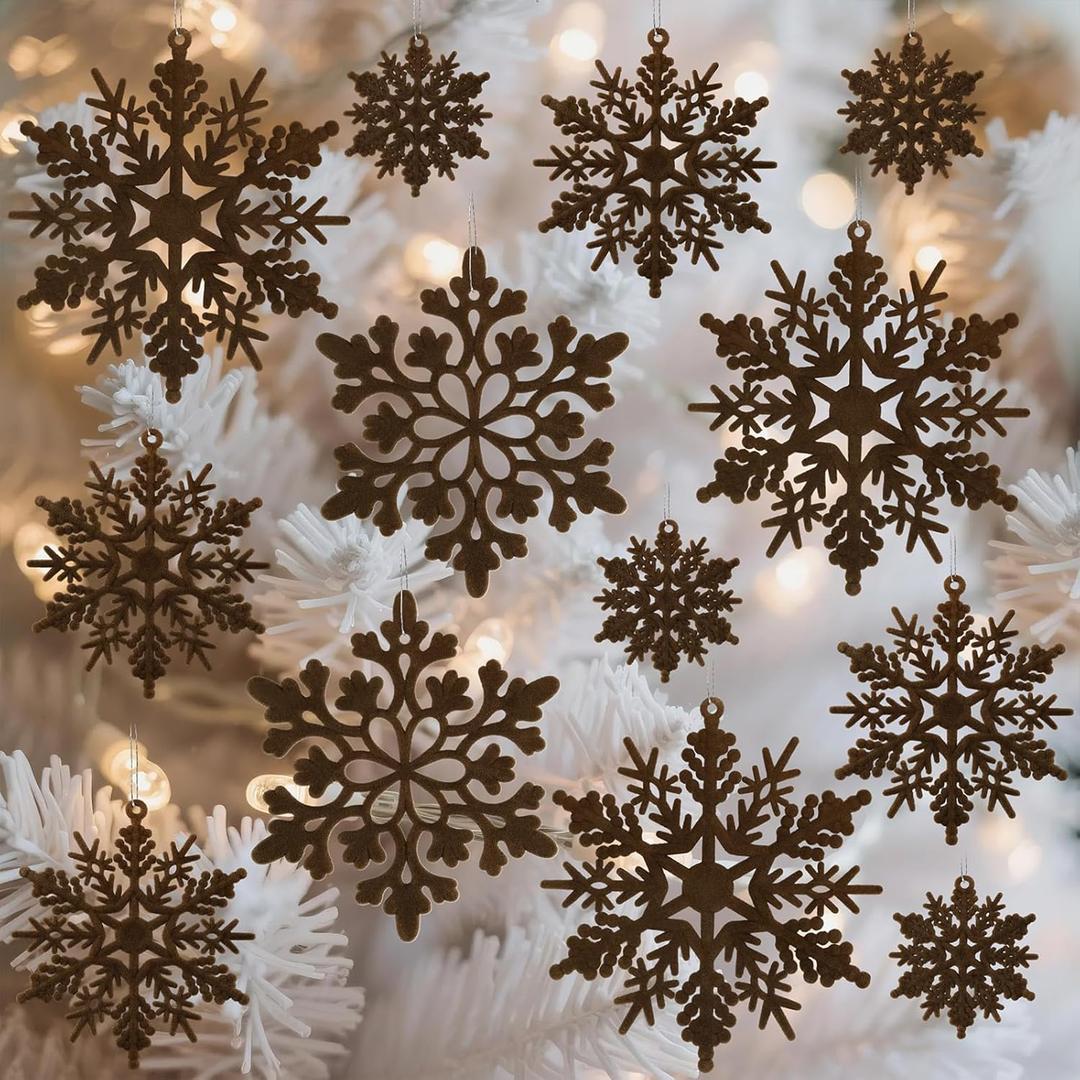 36pcs Brown Flocked Christmas Snowflake Ornaments, Hanging Velvet Snow Flakes for Christmas Tree Decorations Winter Wonderland Frozen Birthday Party Holiday Home Decor Craft Snowflakes