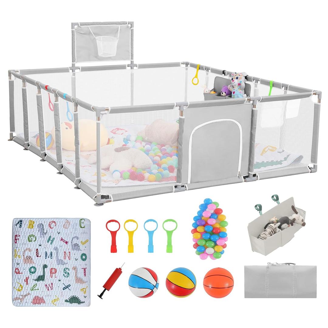 Baby playpen, 79"x71"Baby Playpen with Mat IndoorOutdoor Playpen for Babies and Toddlers with Breathable Play Pen with Ocean Balls Hanging Pocket Basketball Hoop (Light Gray)
