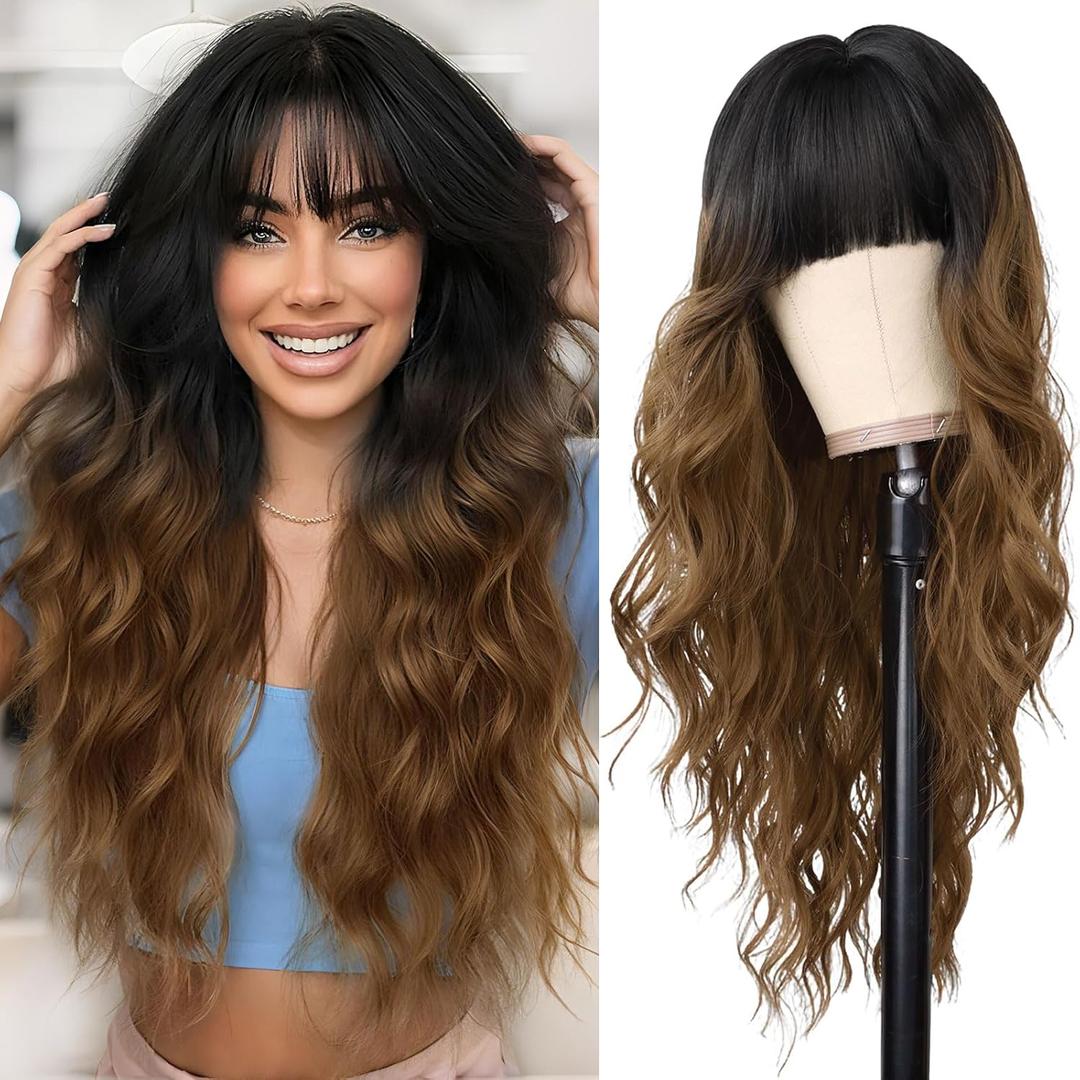 Black to Brown Wig with Bangs Long Ombre Brown Curly Wavy Wigs Natural Looking Heat Resistant Synthetic Bangs Wig for Daily Party Use (Black to Brown,26 Inches)