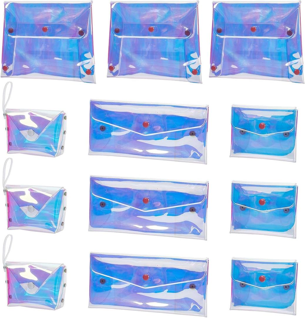 CRASPIRE 12Pcs Holographic Makeup Bag Travel Cosmetic Pouch Organizer 4 Style Clear Transparent Iridescent Wallets PVC Laser Coin Purse Organizer Hologram Handbag for Money Earphones Women