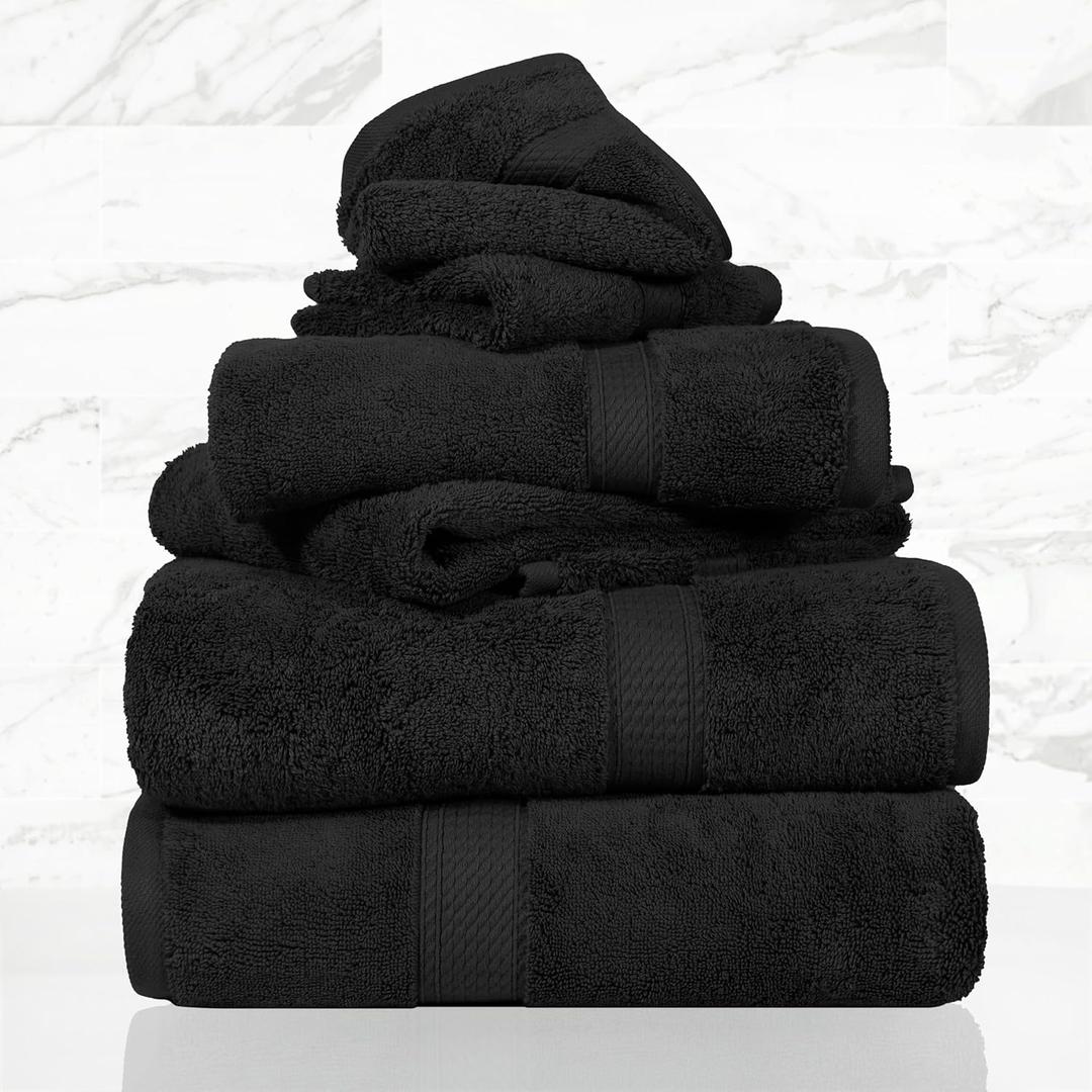 SUPERIOR Solid Egyptian Cotton Towel Set, Washcloths 13 x 13, Hand Towels 20 x 30, Bath Towels 30 x 55, Black, 6-Pieces