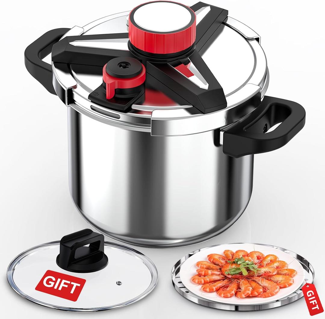 18/8 Stainless Steel Pressure Cooker 8 Qt, [One-Hand Locking] Pressure Cooker,[3-In-1] Olla de Presion, Induction,Gas Stovetop Compatible, Includes Glass Lid & Steamer Rack