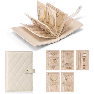 VLANDO Travel Jewelry Organizer Case,Valentines Gift,Jewelry Storage Book Ring Binder with Clear Zipper Velvet Jewelry Pouches Bags for Rings,Necklace,Earrings-Cream White