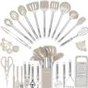 Kitchen Utensil Set-Silicone Cooking Utensils-33 Kitchen Gadgets & Spoons for Nonstick Cookware-Silicone and Stainless Steel Spatula Set-Best Kitchen Tools, Useful Pots (Khaki)