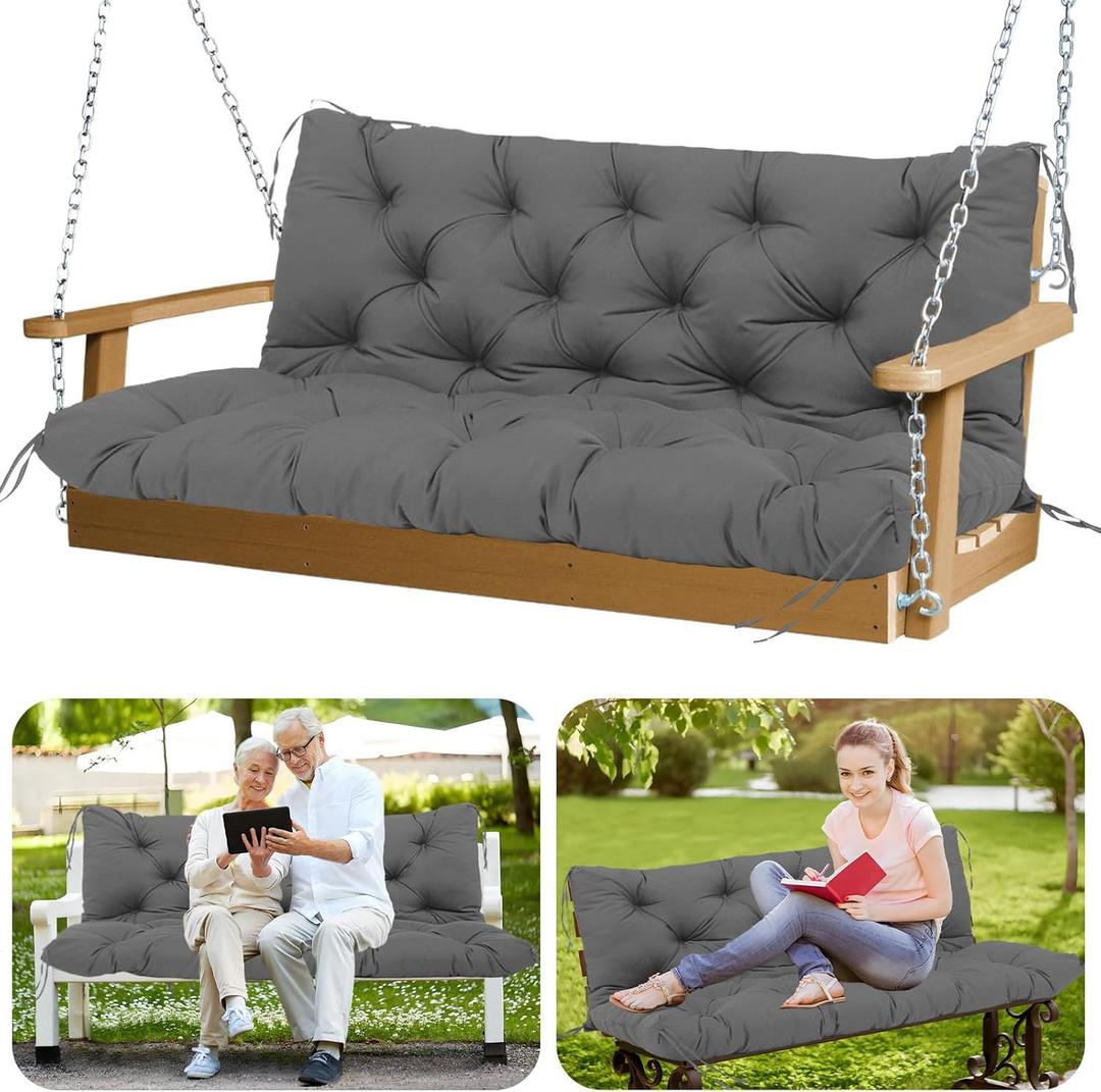 Porch Swing Cushions with Backrest Thicken 5" Outdoor Swing Cushions Waterproof Swing Bench Cushions for Outdoor Furniture Patio Backyard Lawn 2-3 Seater Replacement Cushions (Gray)