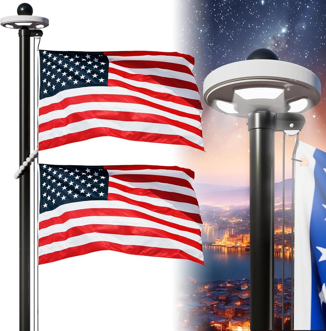 25FT Heavy Duty Flag Pole with Solar Light 11 Gauge Aluminum Flag Pole Kit for Outside 100MPH Wind Tested, Includes 2PCS 3x5 Embroidered Stars US Flag for Outdoor Use