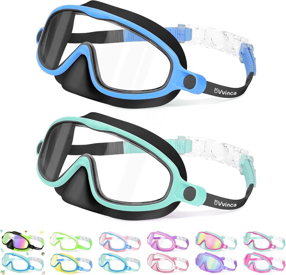 Vvinca 2 Pcs Kids-Swim-Goggles with Nose Cover, Swimming Diving Mask Wide View Anti Fog UV Anti Shattered Lens for Kids 3-5 (04-black Blue& Black Green)