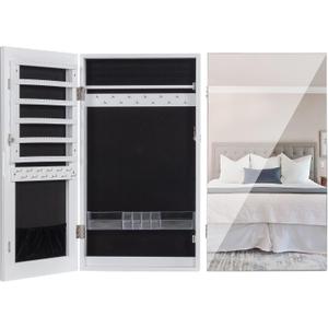 LAVIEVERT Lockable Jewelry Cabinet Armoire with Frameless Mirror, Wall/Door Mounted Space Saving Jewelry Display Organizer with Lipstick Compartments - White