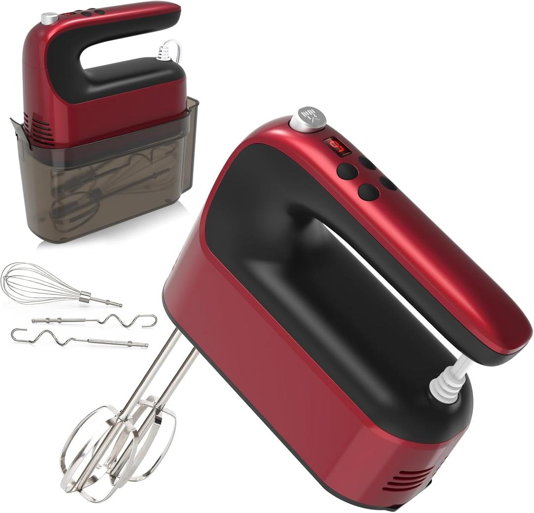 9-Speed Digital Hand Mixer Electric, 400W Powerful DC Motor, Hand Mixer Electric Handheld with Snap-On Storage Case, 5 Stainless Steel Accessories, Beaters, Dough Hooks, Whisk(Red)