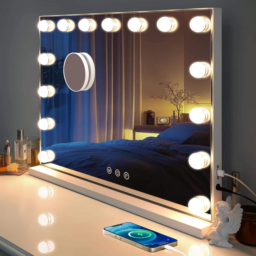 Kottova 23"x18.1" Vanity Mirror with Lights, Lighted Makeup Mirror with 15 Dimmable LED Bulbs, Hollywood Mirror with 3 Color Lightings, USB Charging Port Touch Control, Metal Frame,Plug in (White)