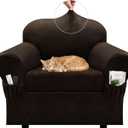 Chair Slipcover with Armrest Pockets 2-Piece Set, Stretch Faux Leather Chair Cover for Armchairs(Fits 31-45") - Non-Slip, Machine Washable, Pet & Kid Friendly - Dark Brown