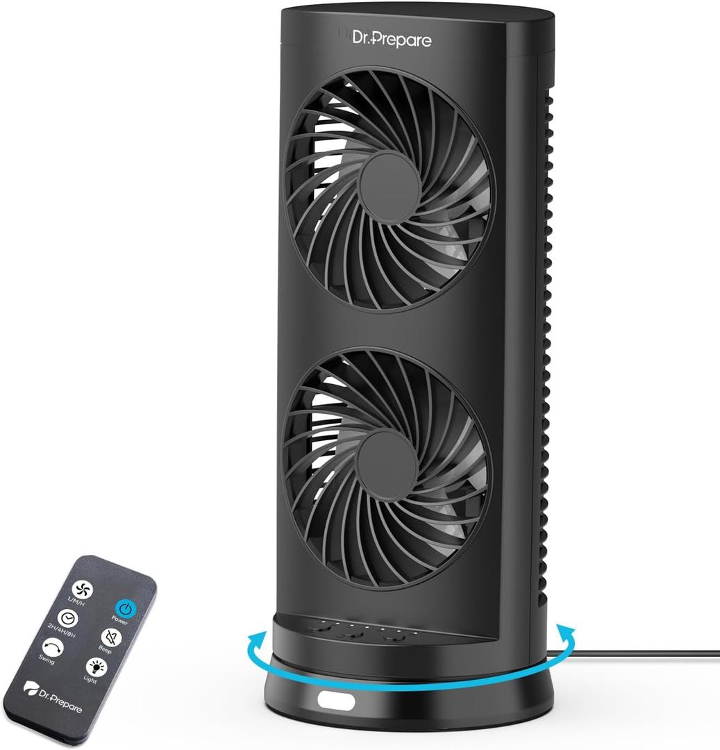 DR.PREPARE Desk Fan USB Tower Cooling Fan with Remote Control, DC Motor Portable Oscillating Fan, 3 Speeds, Dual Air Circulation, 110 Oscillation, Table Fan for Bedroom Dorm Room Office Desktop