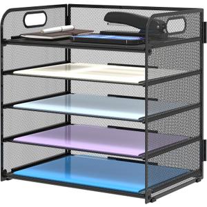 Supeasy 5 Trays Paper Organizer Letter Tray with Handle-Mesh Desk File Holders, Paper Sorter Desk Organizer for Office, Home, Classroom or School (Black)