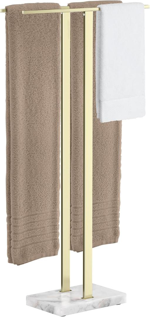 KES Brushed Gold Standing Towel Rack, 37"H, Heavy Marble Base, Bathroom