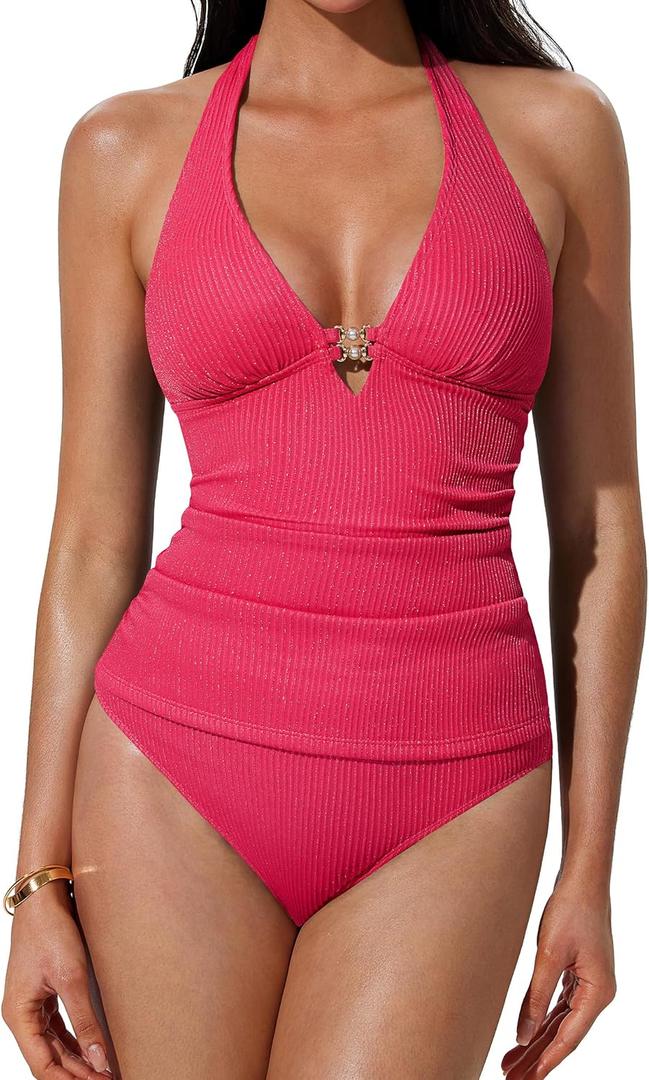SUUKSESS Women Sexy Halter Tummy Control Tankini High Waisted Backless Swim Suit Deep V Neck Gold Ribbed Bathing Suits Slimming Push Up 2 Piece 2025 Swimsuit (Gold Hot Pink, X-Large)