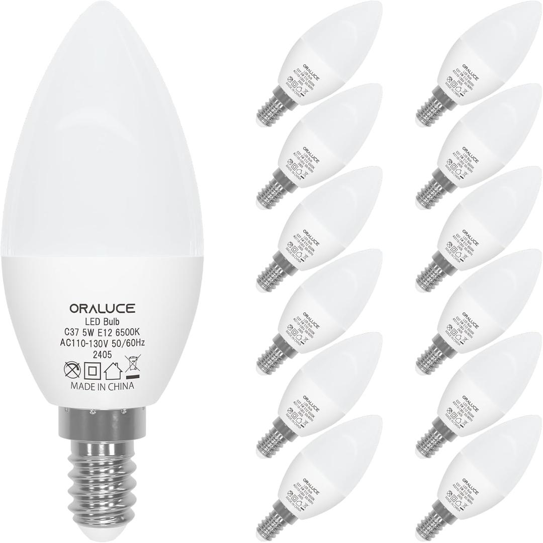 ORALUCE E12 LED Bulb 40 Watt Equivalent, 6500K Cool White Candelabra LED Light Bulbs Non-dimmable, Chandelier Light Bulbs Type B for Ceiling Fan, 5W 500LM 12 Pack