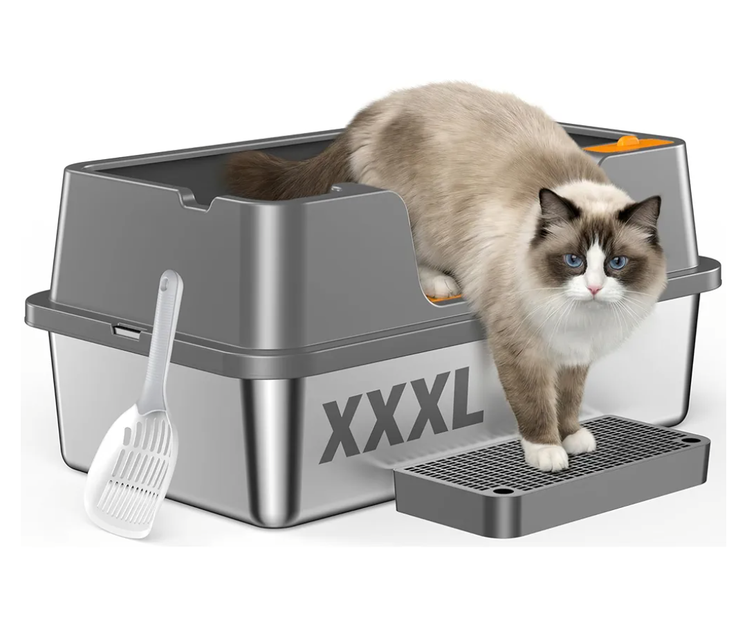OROLEY Stainless Steel Litter Box with High Sides Lid, Extra Large XXXL Litter Box for Big Cats, Metal Kitty Litter Boxes with Anti-Leakage Enclosure,Non-Stick