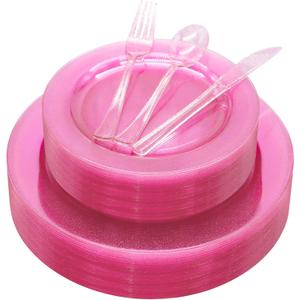 125 PCS Hot Pink Plastic Plates with Pink Plastic Silverware include 25 Dinner Plates 10.25”, 25 Dessert Plates 7.5”, 25 Forks, 25 Knives, 25 Spoons for Birthday, Bridal Shower,Girl Party