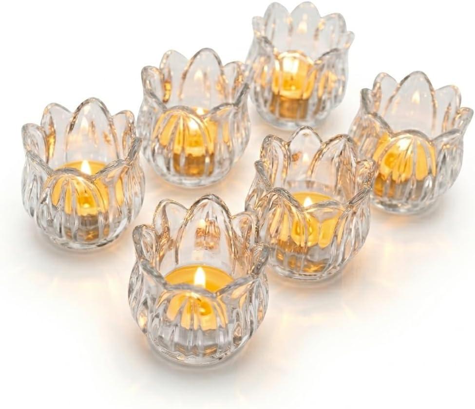 Tulip Votive Candle Holders Set of 6, Tea Light Candle Holder Glass for Table Centerpiece, Tealight Candle Holders for Wedding Déco, Birthday, Anniversary, Parties, and Holiday (Clear)