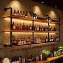 Wall Mounted Wine Rack with LED Lights, 3-Tier Industrial Wood Floating Shelves, Metal Wine Glass Rack/Hooks, Liquor Shelf Storage Organizer for Home Bar (Walnut, 3Tiers-80cm31.4in)