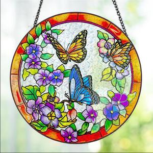 Butterfly Window Suncatcher Hanging Ornament 6.3 Reinforced Stained Glass Flower Door Sun Catchers for Indoor Gifts Wall for Butterfly Lovers Panel Holiday Decor