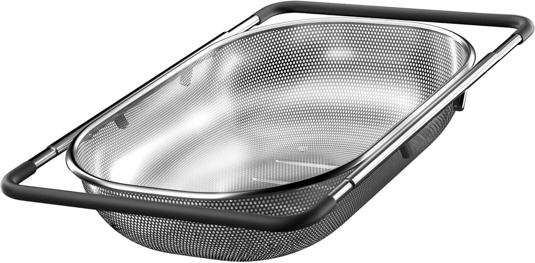 Over the Sink Colander - Strainers and Colanders - Sink Strainer Basket - Expandable Fine Mesh Strainer with Rubber Grip for Veggie, Fruits, Pasta, Home Kitchen Essentials (9.5W x 13.4-21.3L x 3.3H) (Light Black)