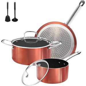 Pots and Pans Set Non Stick, 7 Piece Ceramic Cookware Set, Non Toxic Kitchen Induction Cookware Sets, Pots and Pans Cooking Set with Oven Safe Handle, 100% PFOA Free, Copper (8" Skillet + 1.5QT Saucepan + 3QT Stockpot)