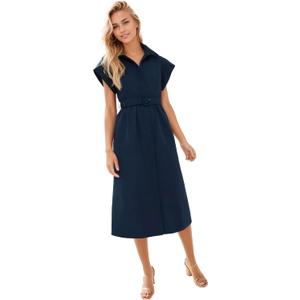 Ladyful Women Casual Button Down Shirt Dress Short Wing Sleeve Buiness Midi Shirt Dress with Belt Elegant Dress (Blue, L)