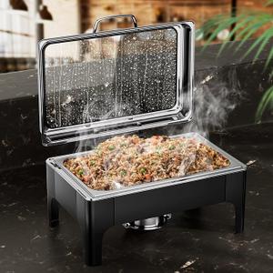 Chafing Dishes for Buffet, 9.5QT Square Stainless Steel Chafing Dish with Transparent Hydraulic Lid, 304 Food Pan, Buffet Warmer for Parties and Events (Black)
