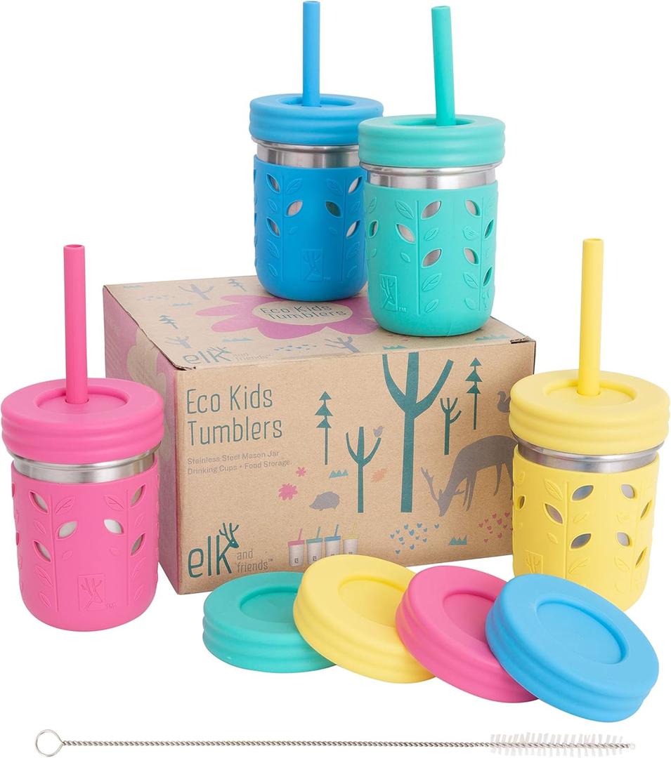 Elk and Friends 10oz Stainless Steel Kids + Toddler Drinking Cups | The Original Mason Jar with Sleeves + Lids | Silicone Straws | Smoothies | Storage Jar | Spill Resistant | Dishwasher Safe | 4 Pack (Pink/Teal/Yellow/Blue)