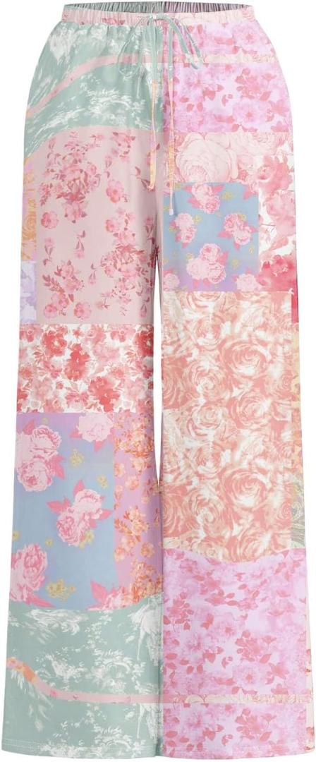 Women's Floral Bobo Pants Color Block Drawstring Waist Wide Leg Pants Holiday Vacation Trousers (Medium)