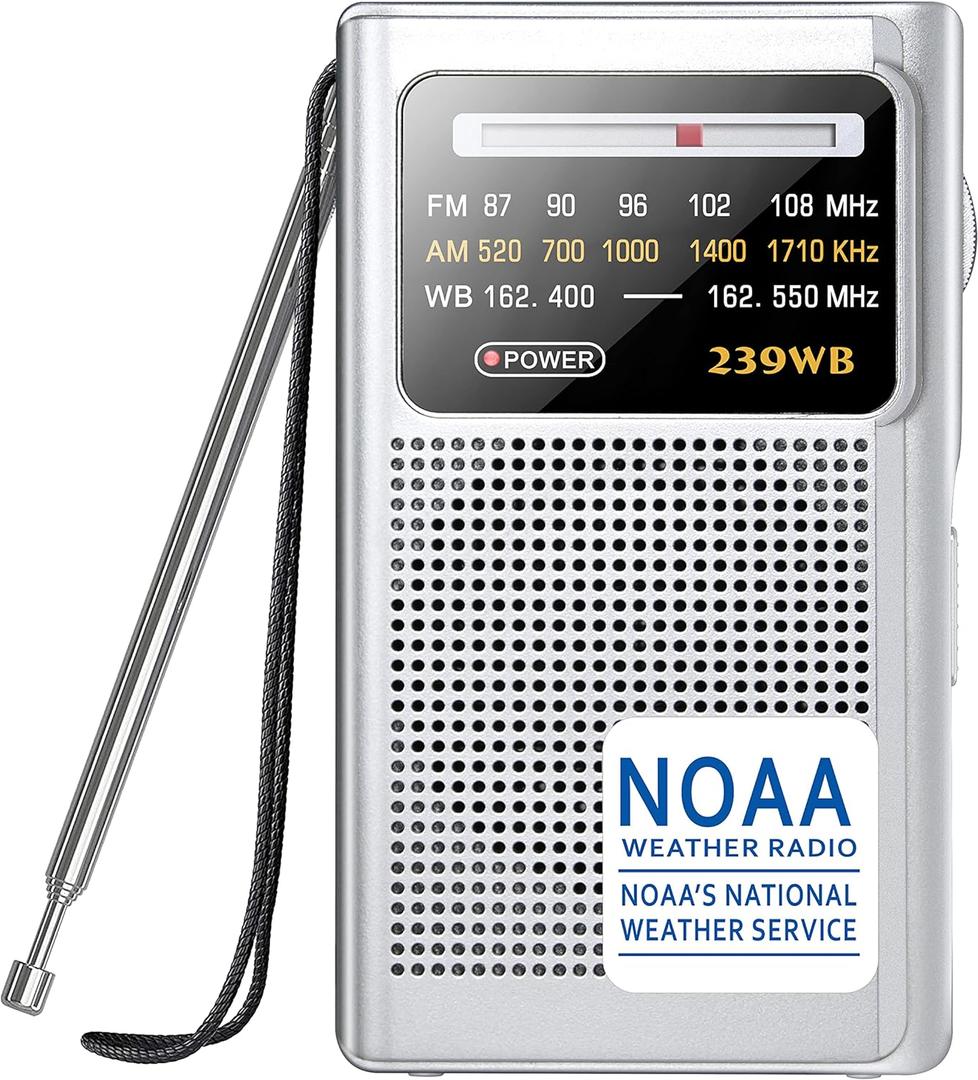 Greadio NOAA Weather Radio, AM/FM Battery Operated Transistor Portable Radio with Best Reception, Stereo Earphone Jack, Powered by 2 AA Battery for Emergency, Hurricane, Running, Walking, Home (Silver)