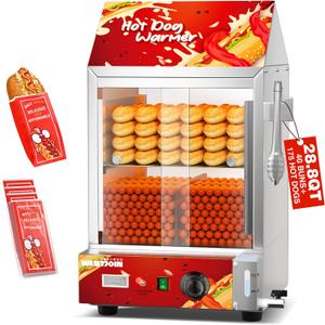 WantJoin Hot Dog Steamer - 28.8QT Commercial Electric Hot Dog Steamer with Bun Warmer, Glass Sliding Door Steaming Machine for 175 Hot Dogs and 40 Buns Adjustable Temperature Red
