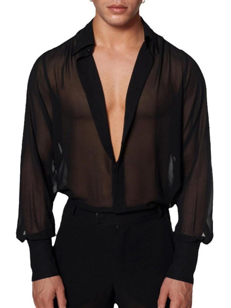 Men's Mesh Sheer See Through Long Sleeve Rave Disco Outfit Collar Button Front Party Shirt Tops size Small