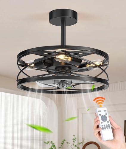 Fivesun Caged Ceiling Fan with Light with Remote, 17" Bladeless Industrial Ceiling Fan with Remote, Farmhouse Fan Lights Ceiling 6 Speed, Timing Fashionable,Matte Black