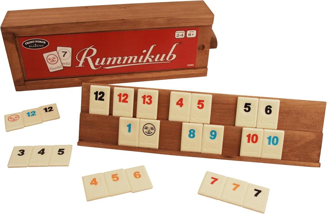 Front Porch Classics, Rummikub Vintage Edition in All-Wood Storage Case with 4 Built-in Player Trays and 106 Rummikub Tiles, for 2 to 4 Players Ages 8 and Up