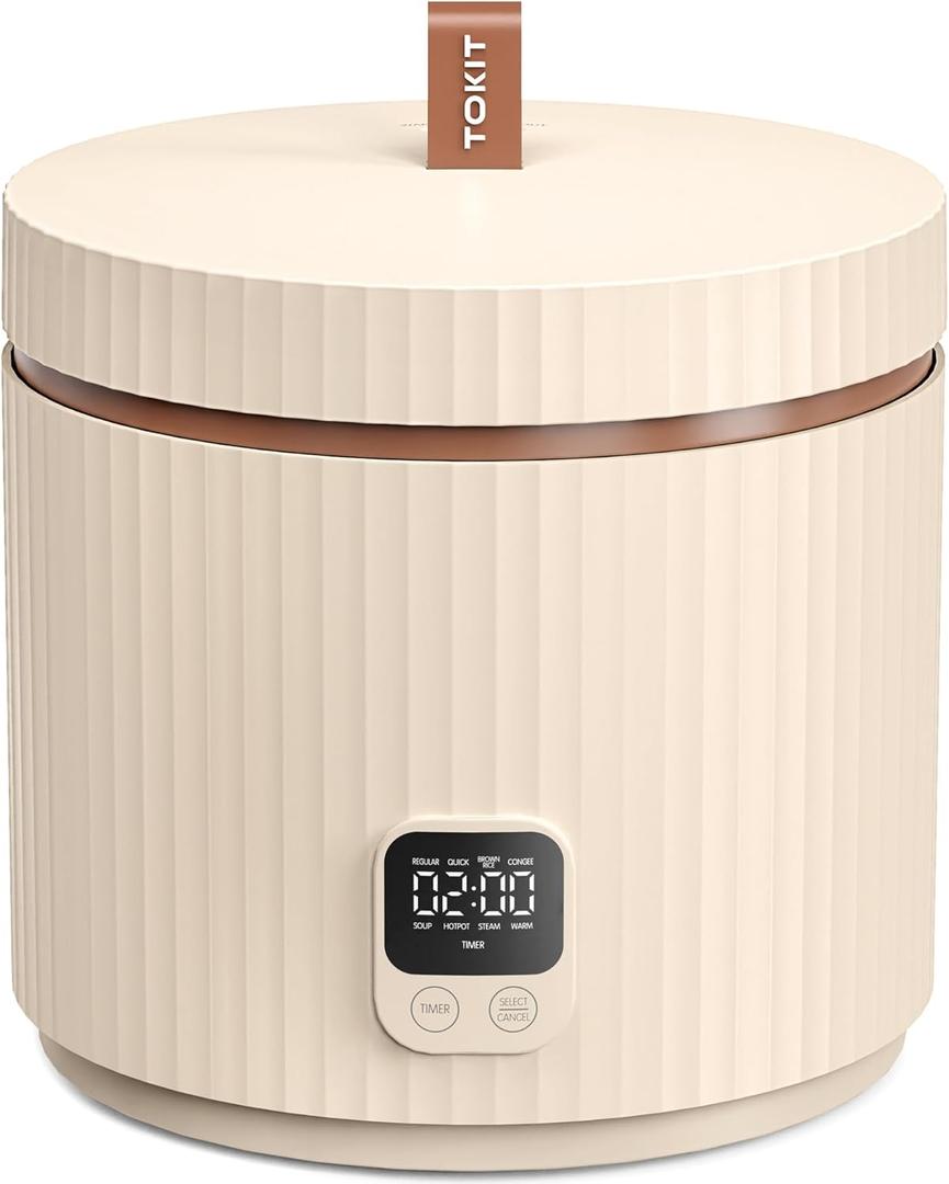 TOKIT Rice Cooker Small 3 Cup Uncooked /6 Cup Cooked, Modern Multifunctional Mini Rice Cooker with Display Touch Button for 1-3 People Ceramic Coated Non-Stick Pot 8 Cook Functions - Cooking & Warmer (Beige)