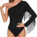 American Trends Women's Fringe Trim One Shoulder Long Sleeve Body Suits Concert Outfits Long Sleeve Bodysuit Tank Top (X-Large, 01 Shoulder Black)