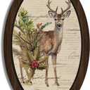 BIWSHA Vintage Rustic Deer Oval Wall Art Decor, Farmhouse Deer Framed Christmas Wooden Wall Art Room Decor, Pine Newspaper Wall Hanging Decor for Home Bedroom, 10.2x15.7 Inch